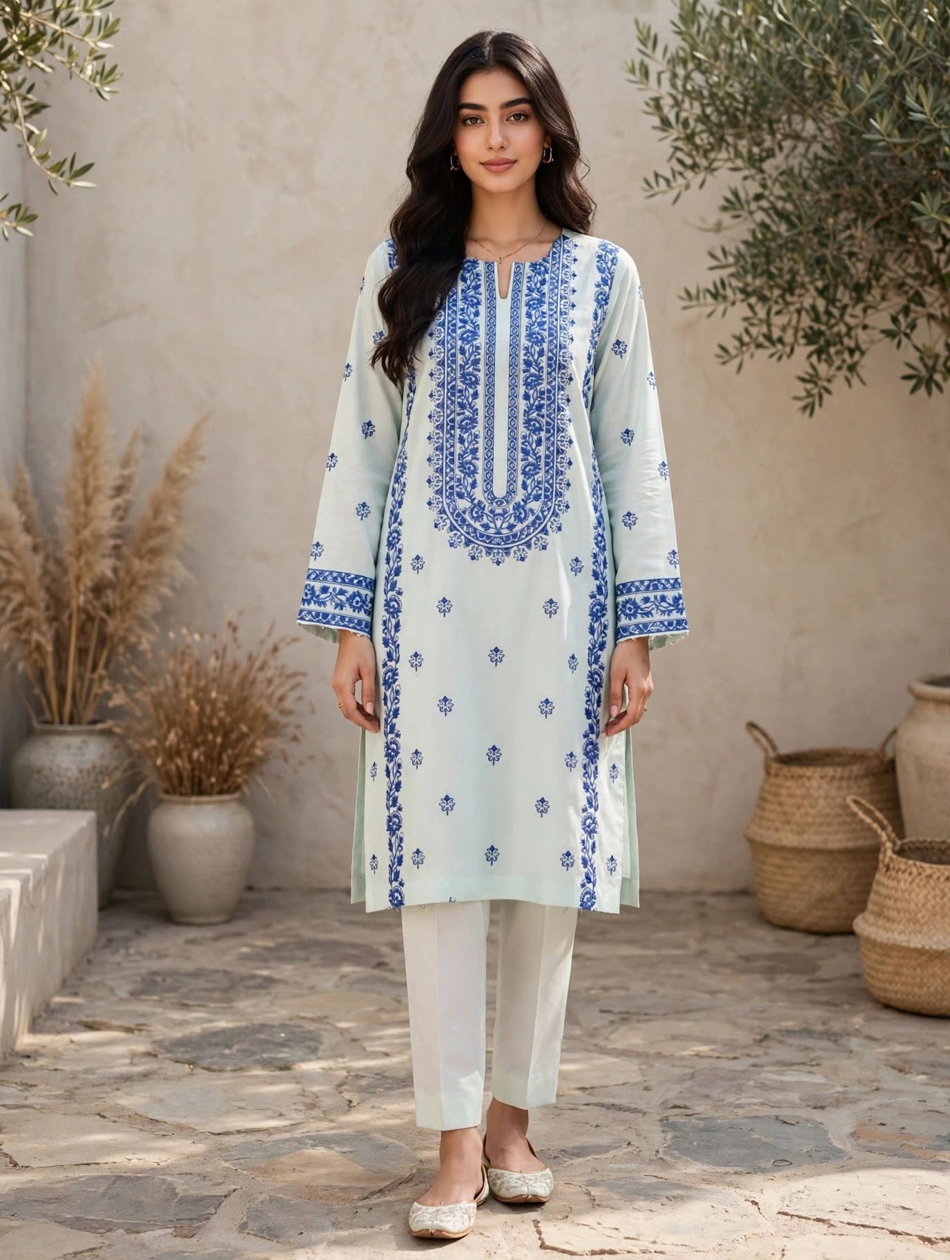 Blue motif khaddar two-piece